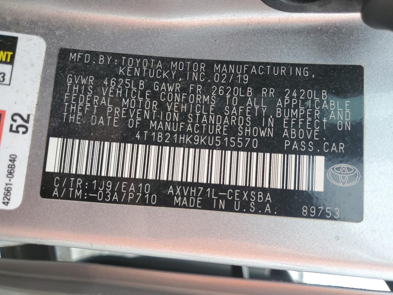 4T1B21HK9KU515570 2019 Toyota Camry Hybrid