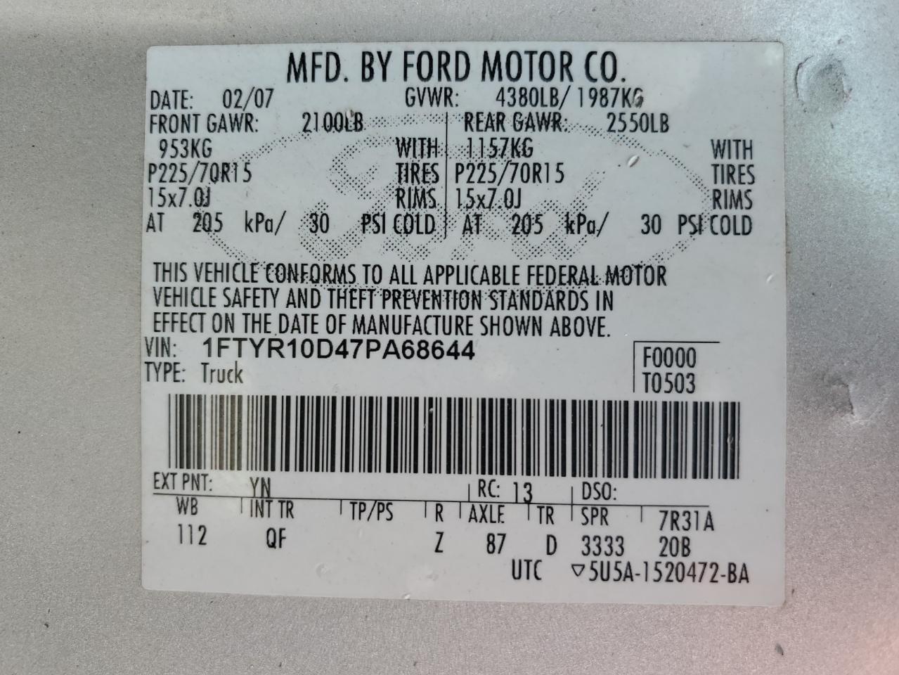 1FTYR10D47PA68644 2007 Ford Ranger