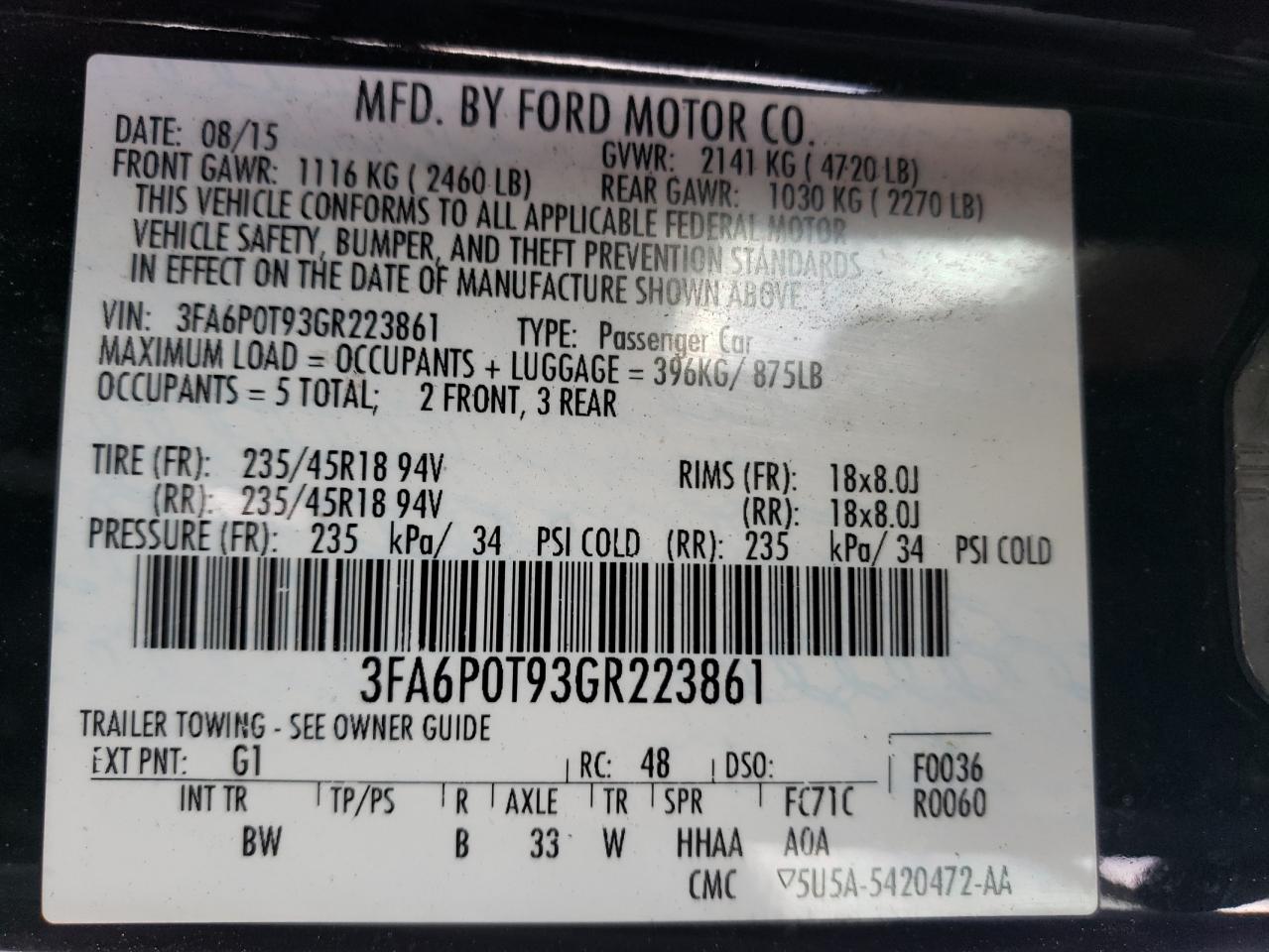 3FA6P0T93GR223861 2016 Ford Fusion Se