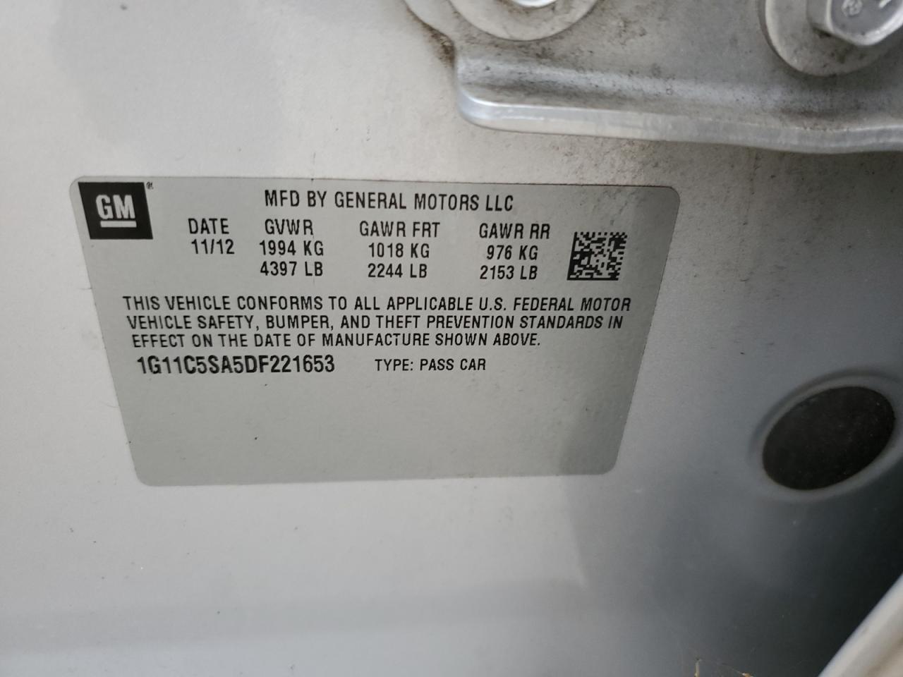 1G11C5SA5DF221653 2013 Chevrolet Malibu 1Lt