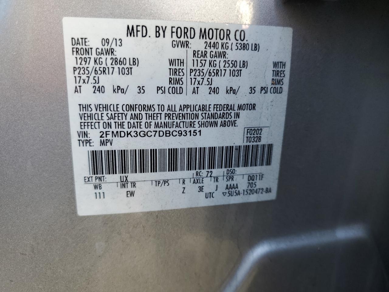 2FMDK3GC7DBC93151 2013 Ford Edge Se