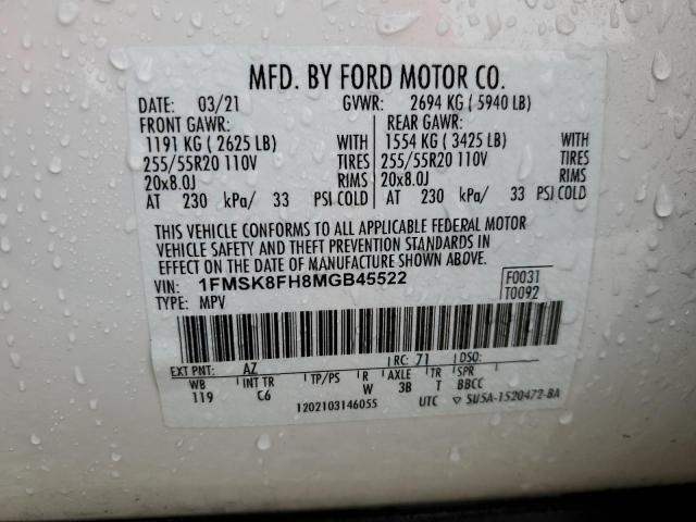 2021 Ford Explorer Limited VIN: 1FMSK8FH8MGB45522 Lot: 51764744