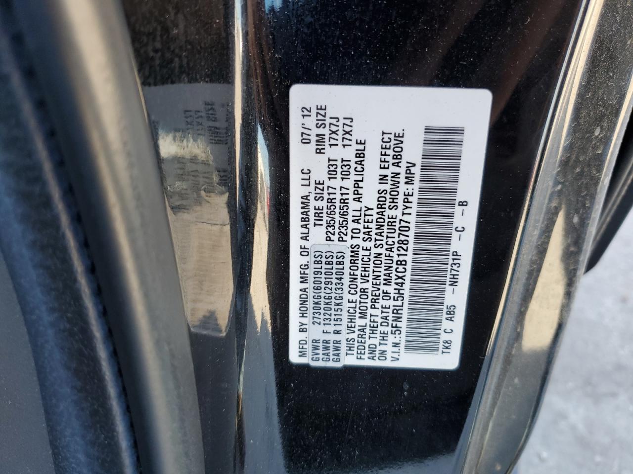 5FNRL5H4XCB128707 2012 Honda Odyssey Ex