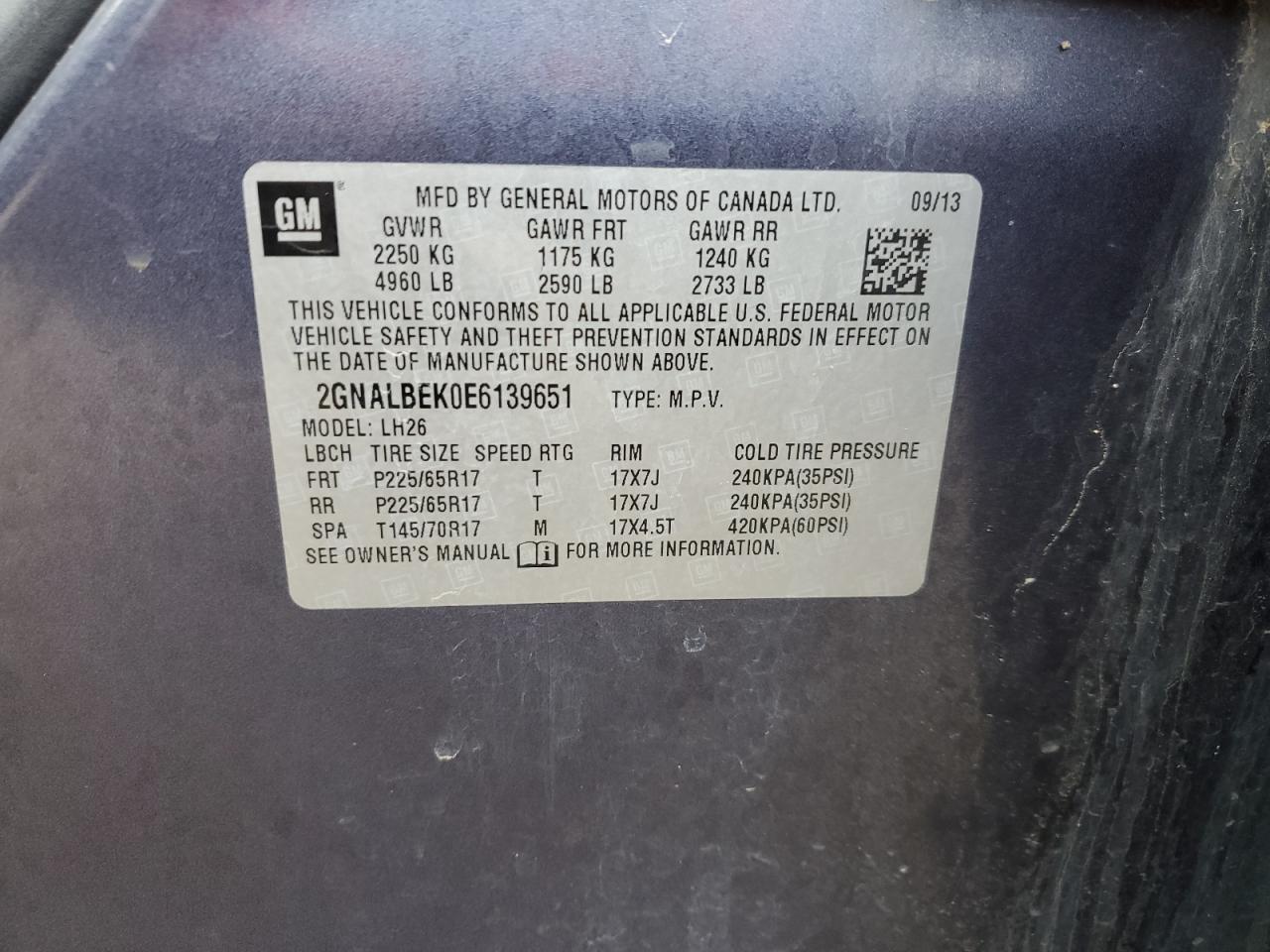 2GNALBEK0E6139651 2014 Chevrolet Equinox Lt