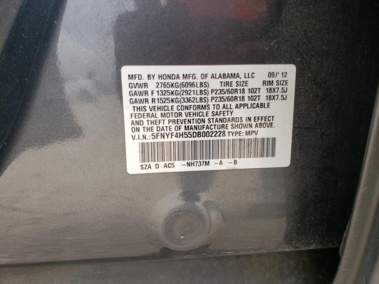 5FNYF4H55DB002228 2013 Honda Pilot Exl