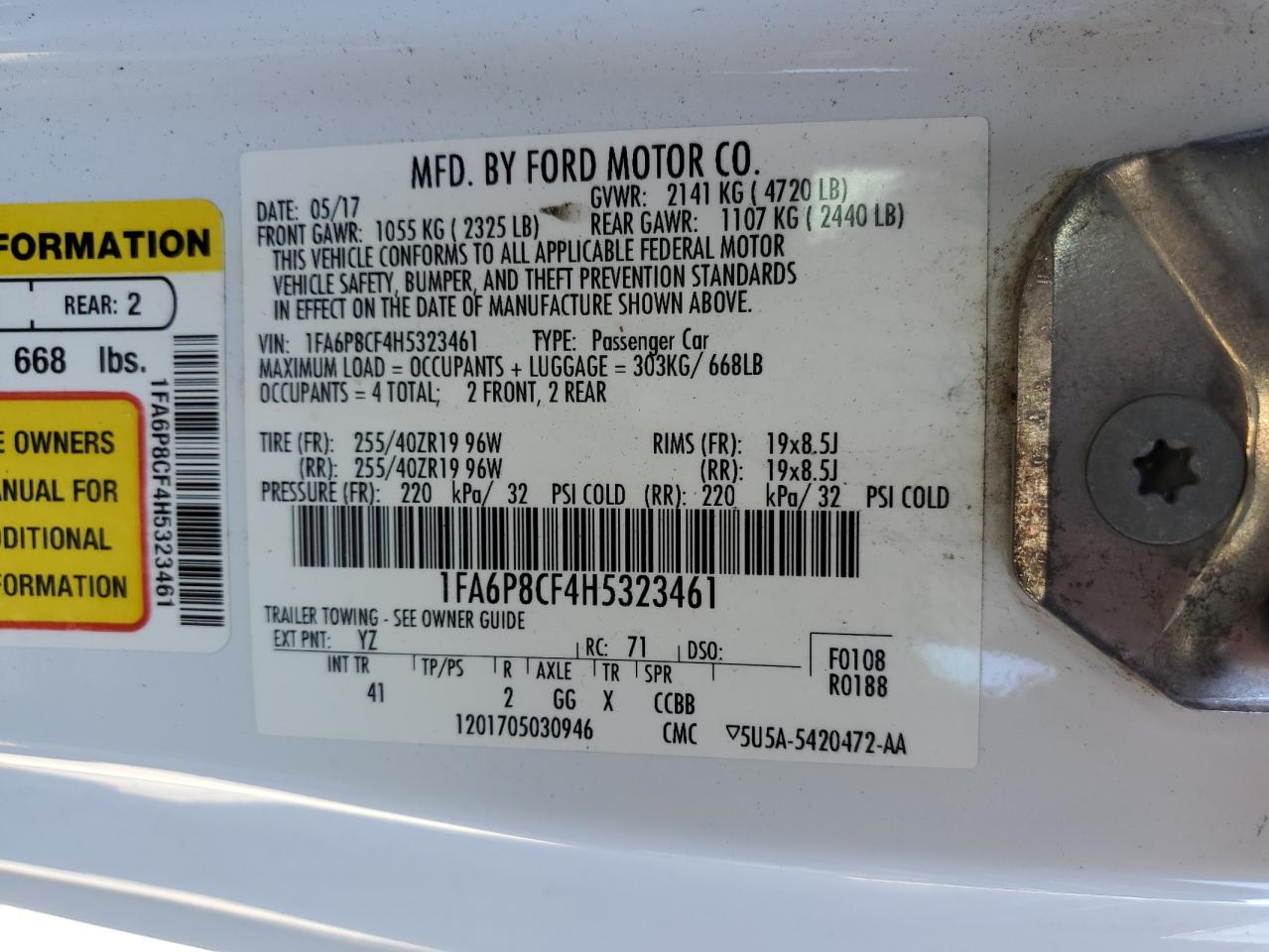VIN: 1FA6P8CF4H5323461 2017 FORD MUSTANG