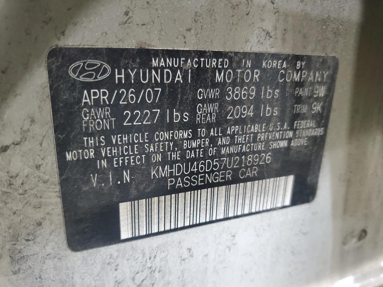 KMHDU46D57U218926 2007 Hyundai Elantra Gls