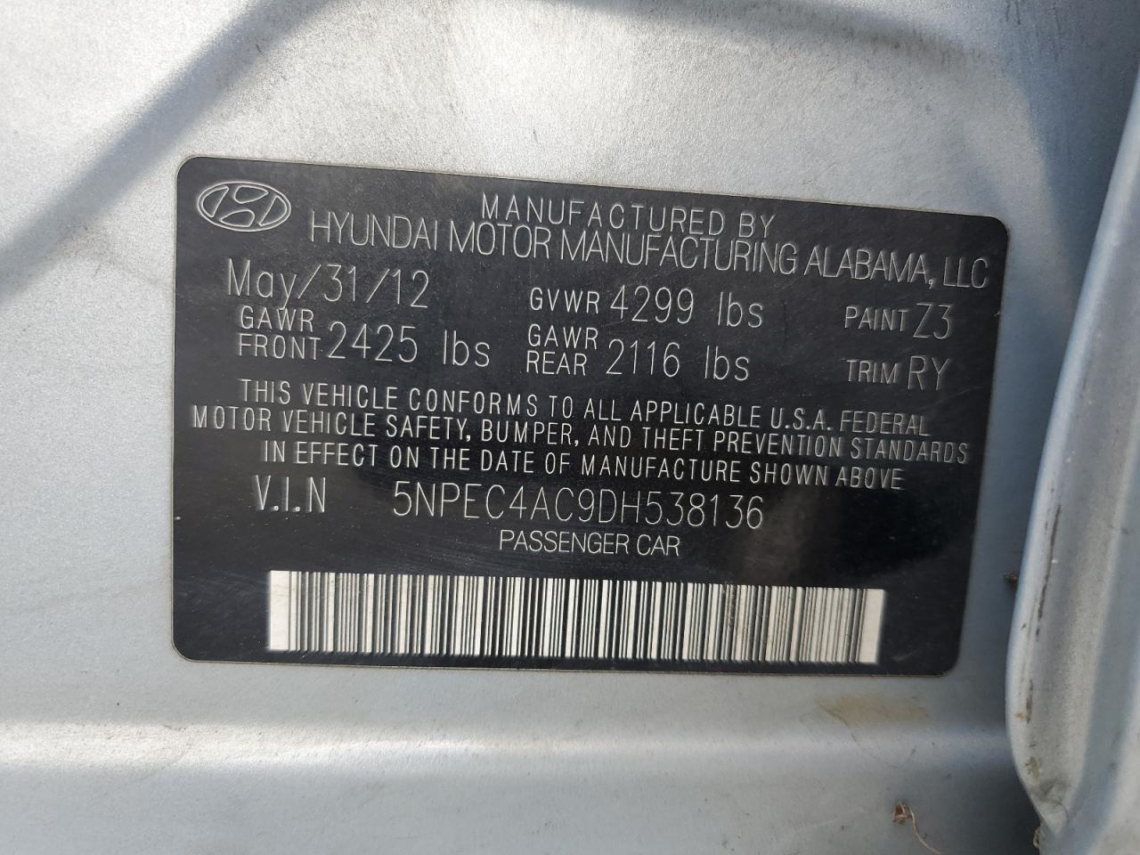 5NPEC4AC9DH538136 2013 Hyundai Sonata Se