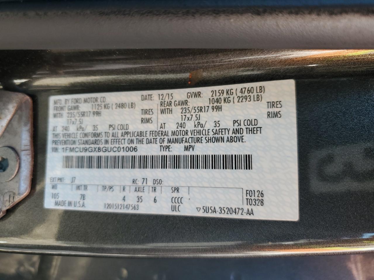 1FMCU9GX8GUC01006 2016 Ford Escape Se