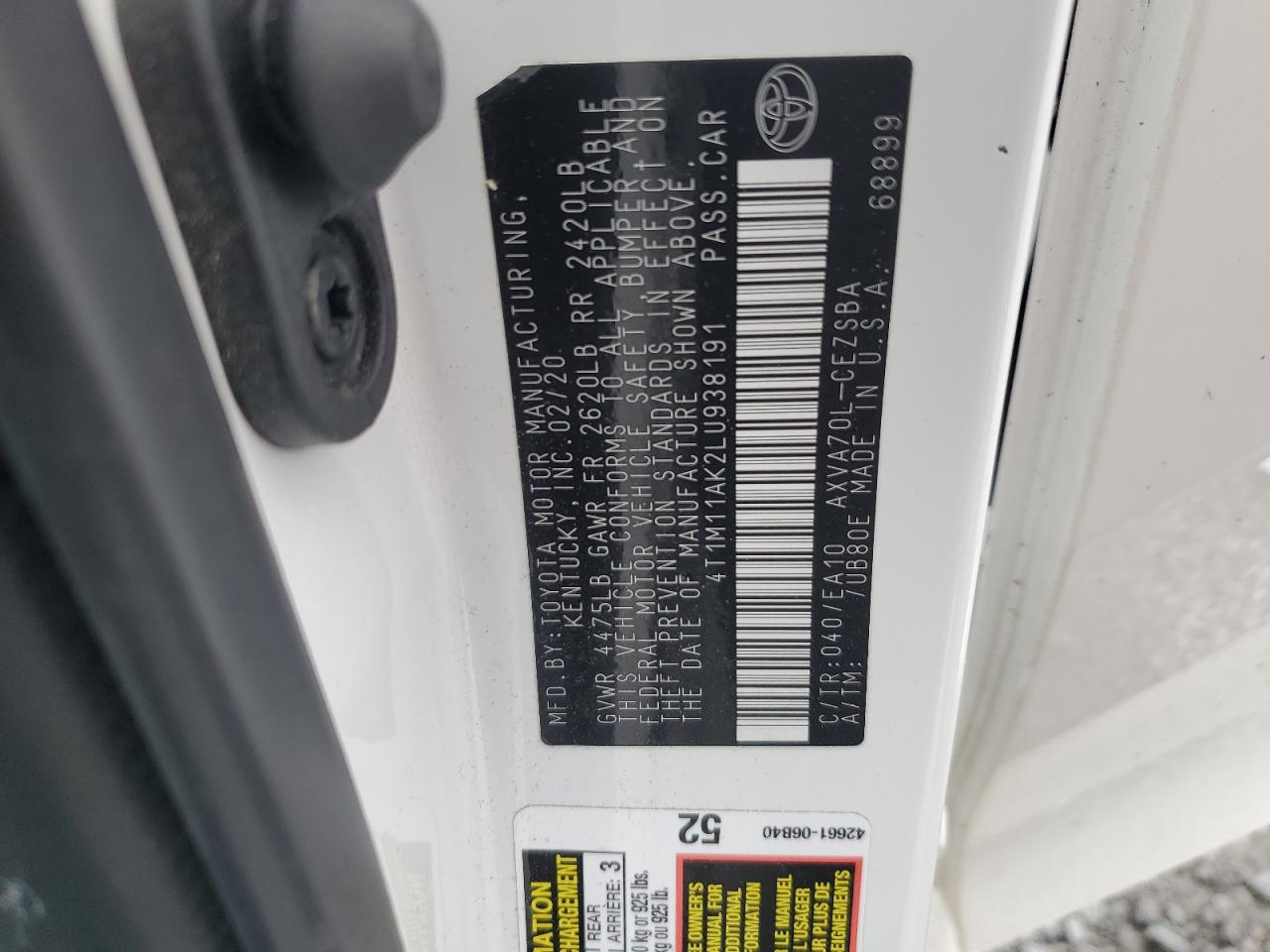 4T1M11AK2LU938191 2020 Toyota Camry Se