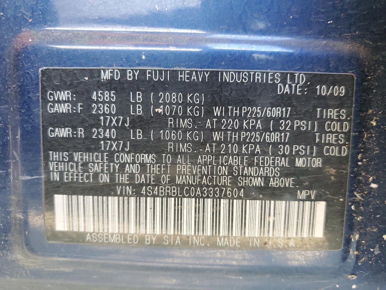 4S4BRBLC0A3337604 2010 Subaru Outback 2.5I Limited