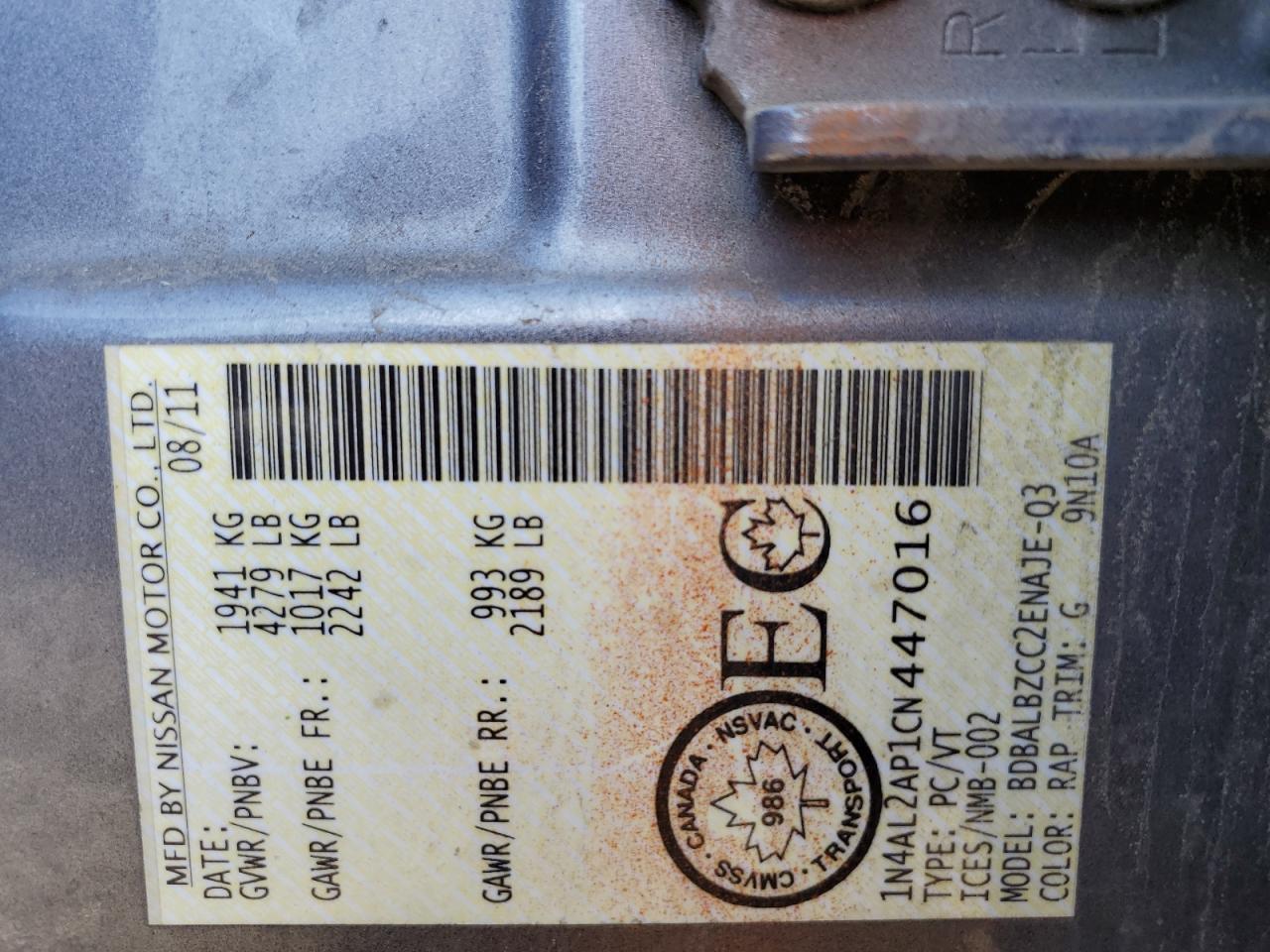 2012 Nissan Altima Base vin: 1N4AL2AP1CN447016