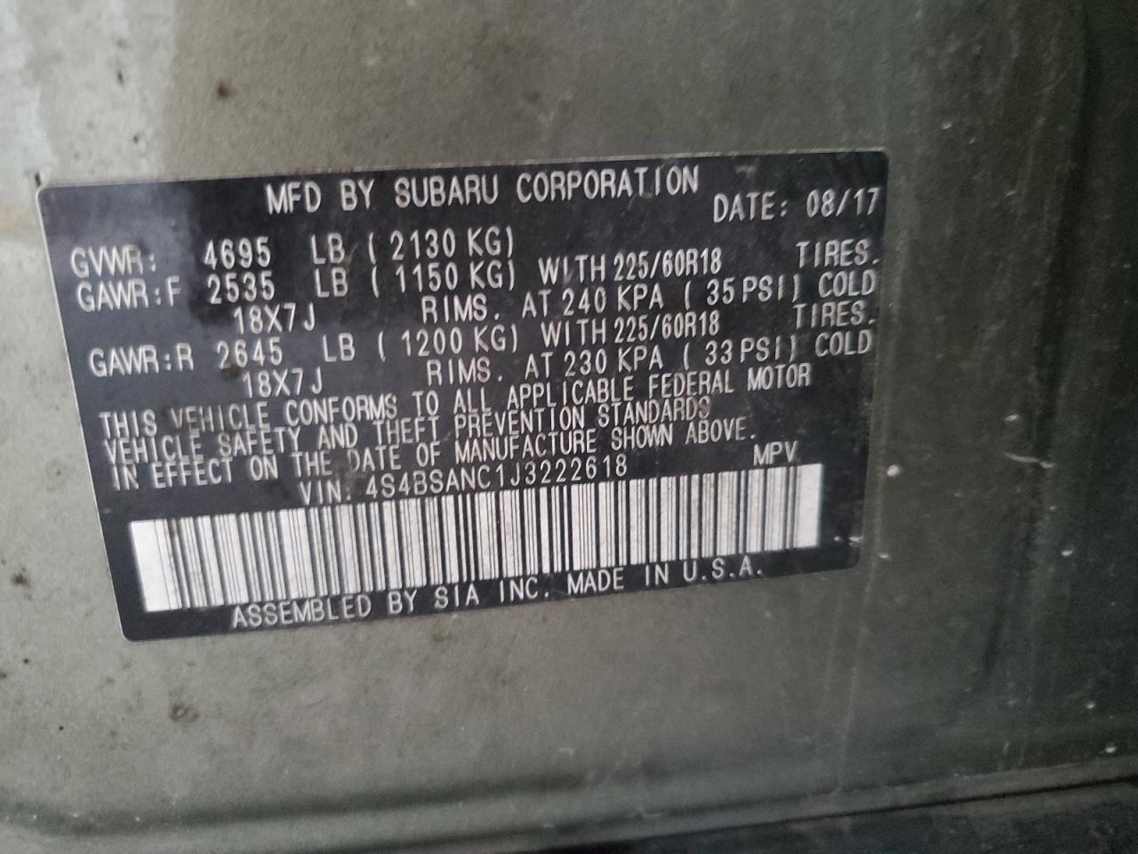 4S4BSANC1J3222618 2018 Subaru Outback 2.5I Limited