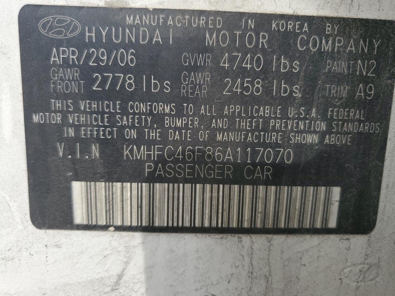 KMHFC46F86A117070 2006 Hyundai Azera Se