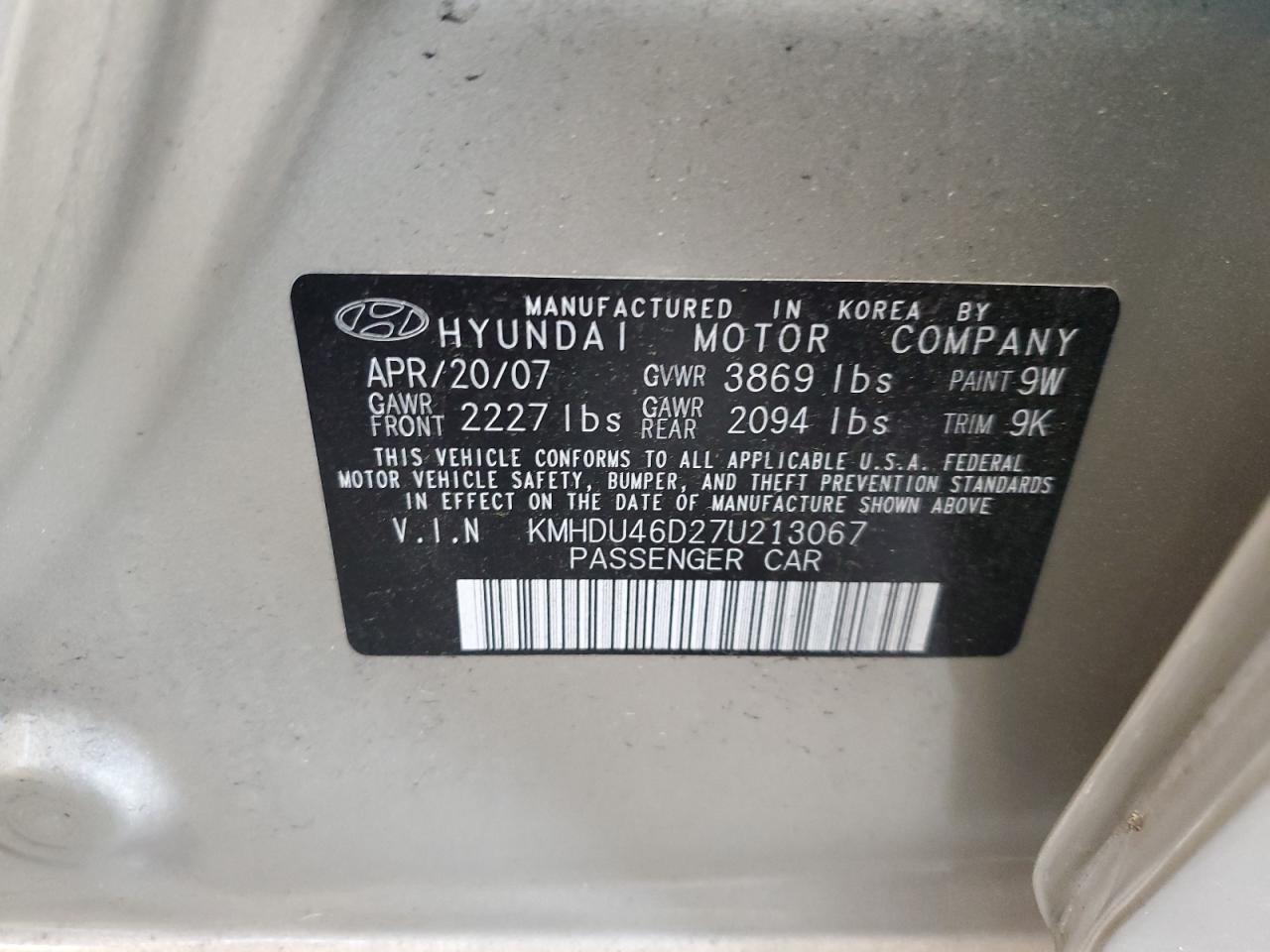 KMHDU46D27U213067 2007 Hyundai Elantra Gls