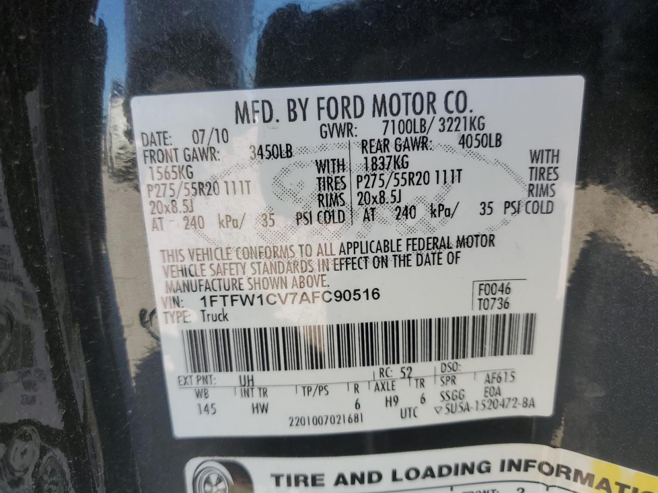 1FTFW1CV7AFC90516 2010 Ford F150 Supercrew