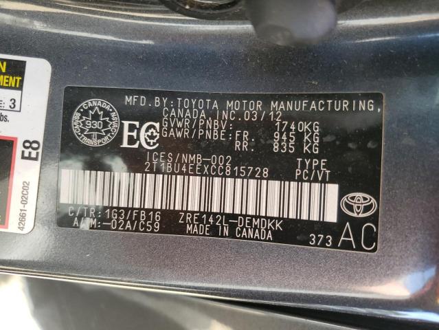 2012 Toyota Corolla Base VIN: 2T1BU4EEXCC815728 Lot: 49526504