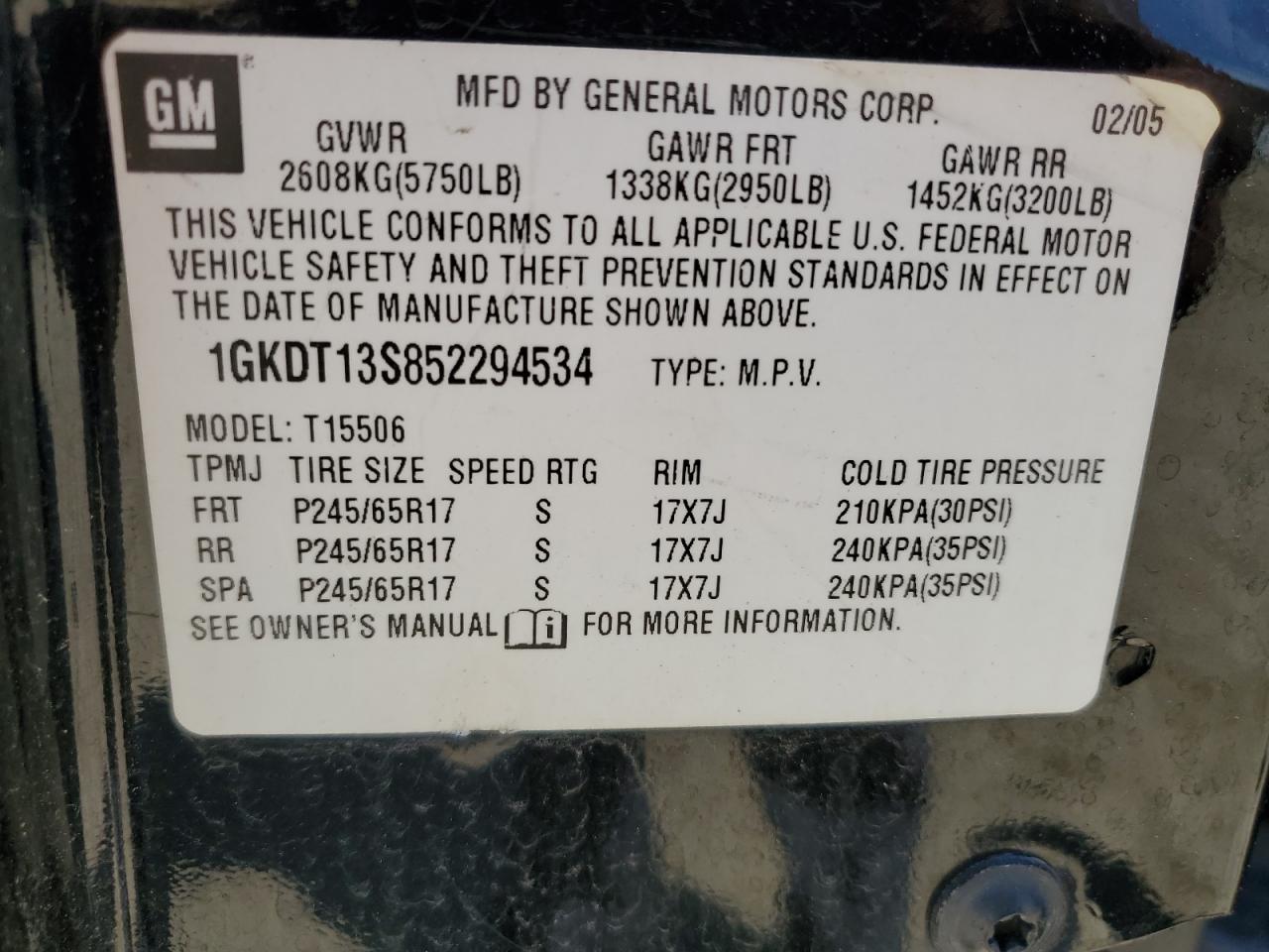 1GKDT13S852294534 2005 GMC Envoy