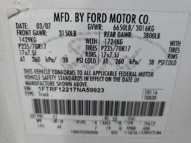 2007 Ford F150 VIN: 1FTRF12217NA59923 Lot: 51358504