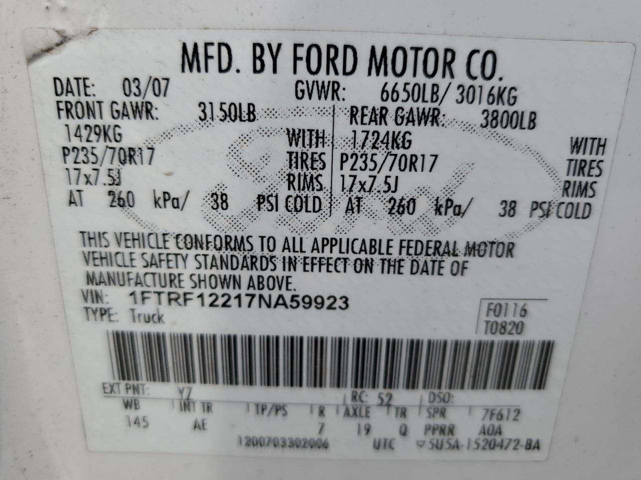 1FTRF12217NA59923 2007 Ford F150