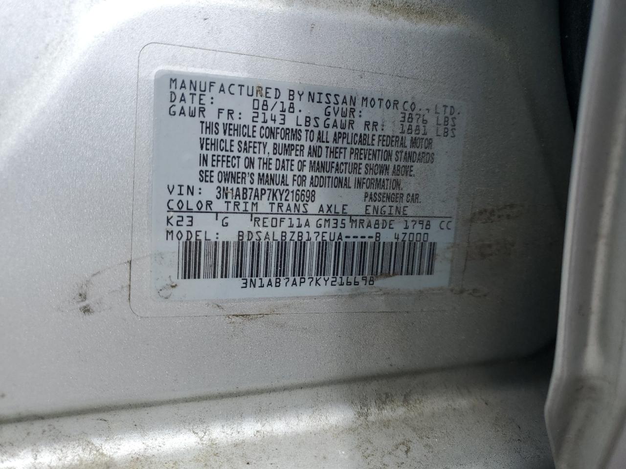 3N1AB7AP7KY216698 2019 Nissan Sentra S