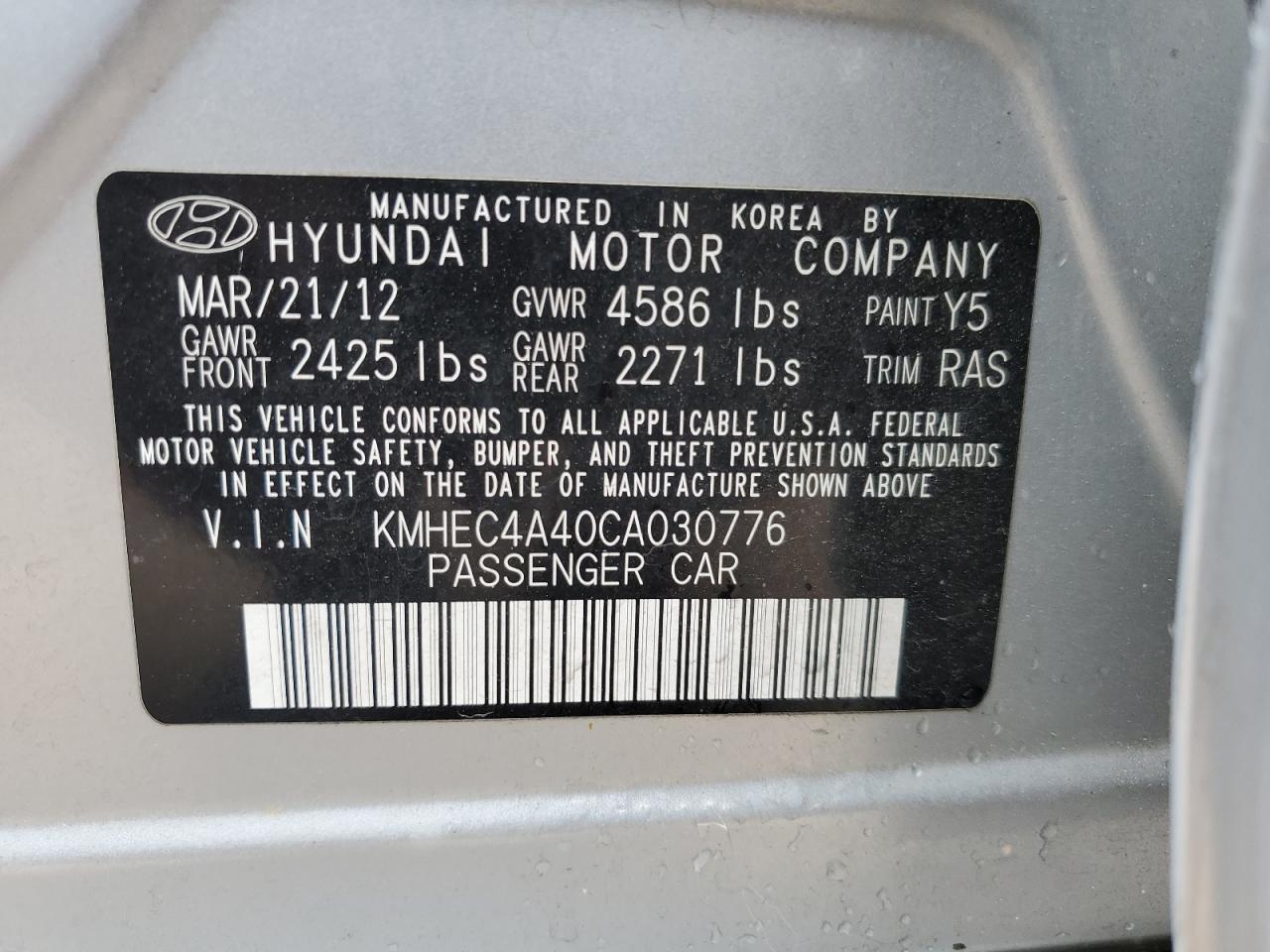 KMHEC4A40CA030776 2012 Hyundai Sonata Hybrid