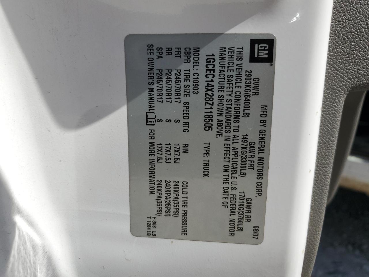 1GCEC14X28Z118505 2008 Chevrolet Silverado C1500