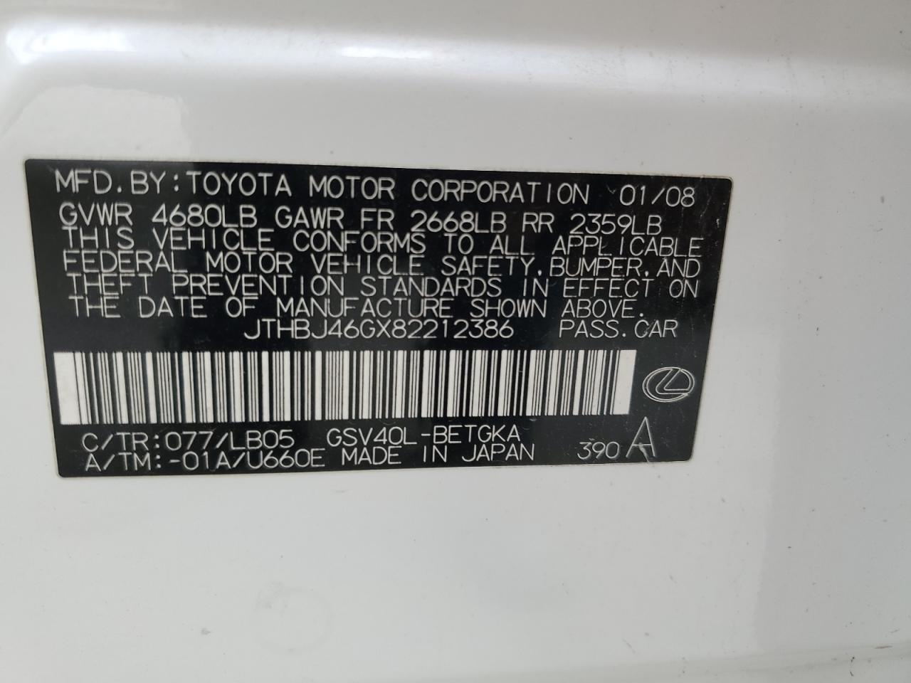 JTHBJ46GX82212386 2008 Lexus Es 350