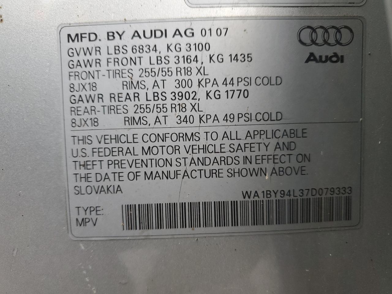 WA1BY94L37D079333 2007 Audi Q7 3.6 Quattro Premium