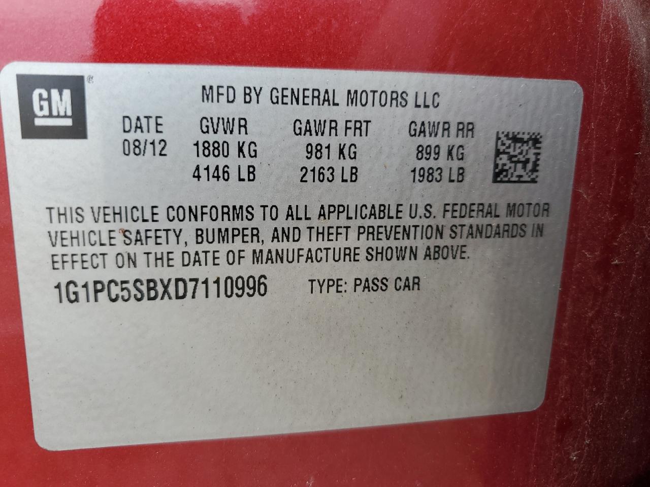 1G1PC5SBXD7110996 2013 Chevrolet Cruze Lt