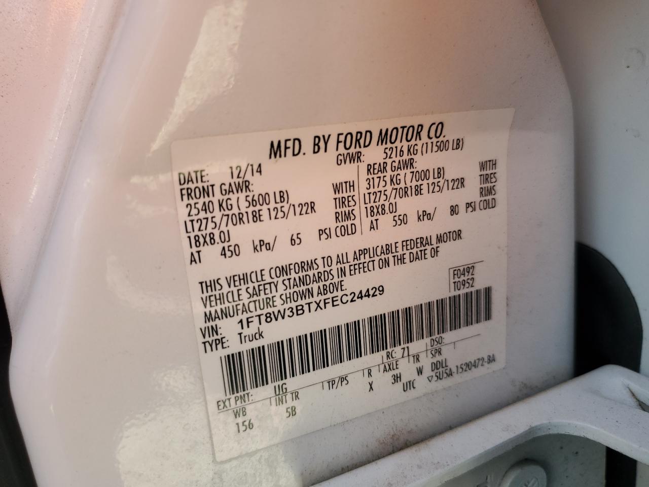 1FT8W3BTXFEC24429 2015 Ford F350 Super Duty