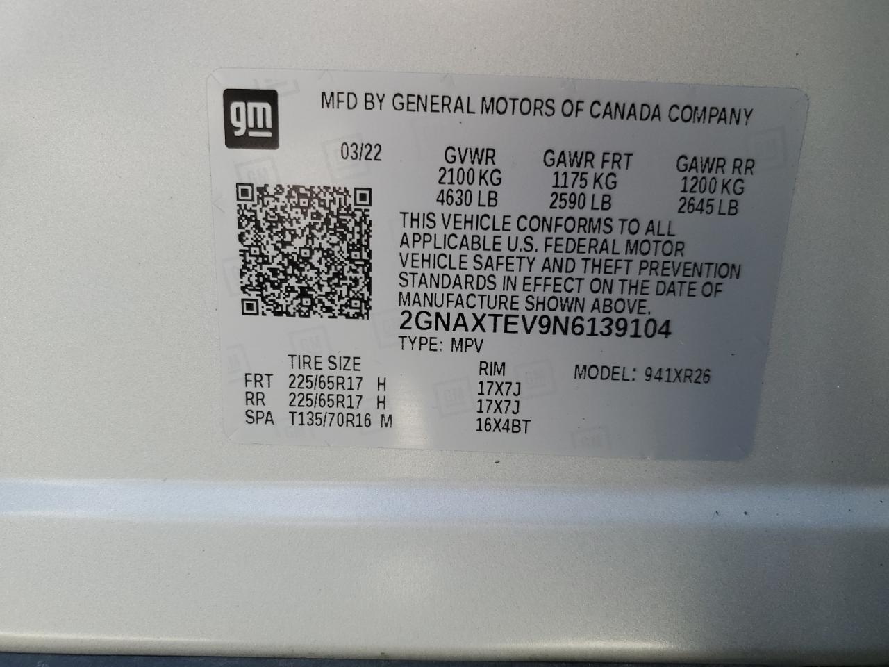 2GNAXTEV9N6139104 2022 Chevrolet Equinox Lt