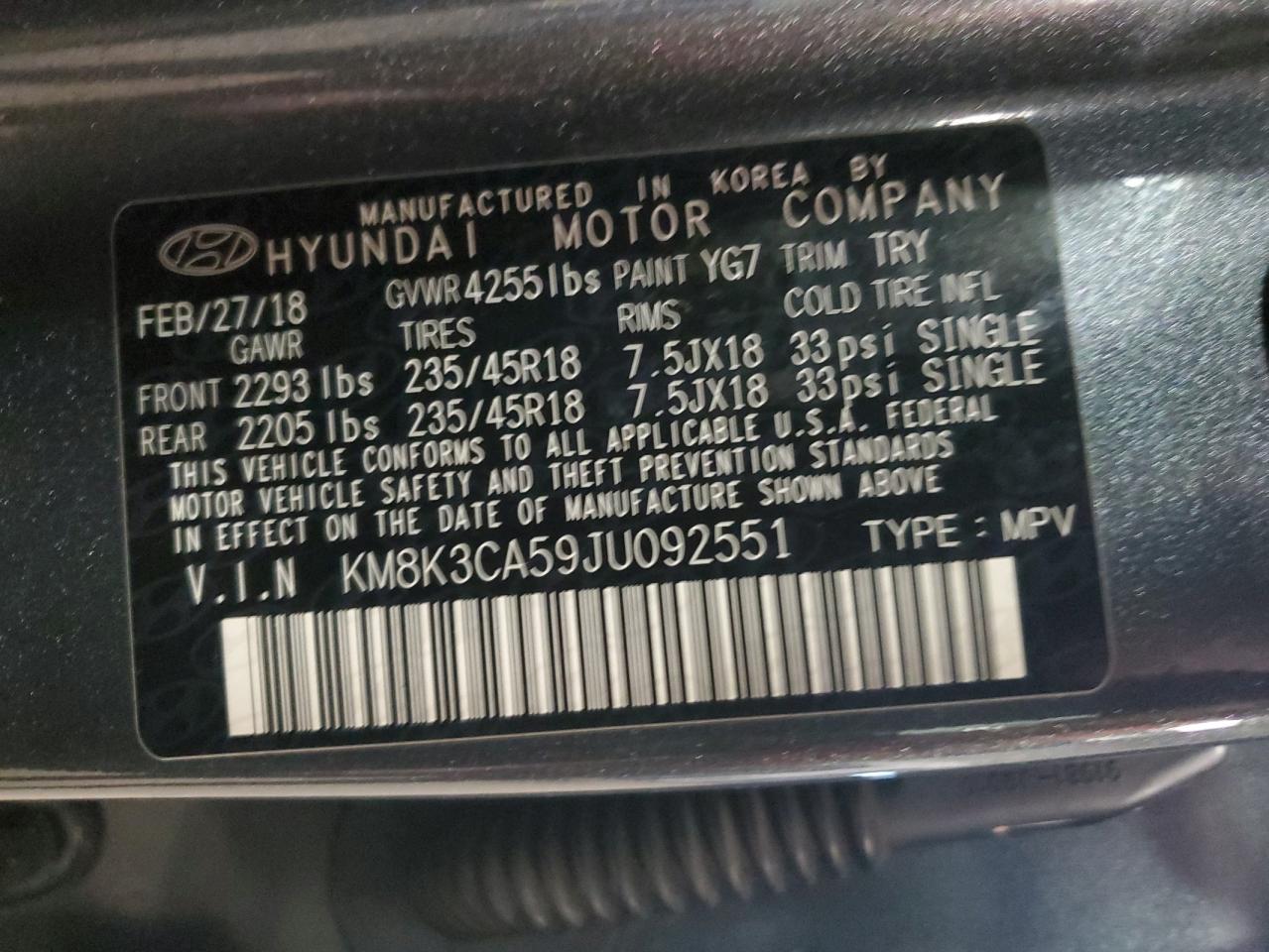 KM8K3CA59JU092551 2018 Hyundai Kona Limited