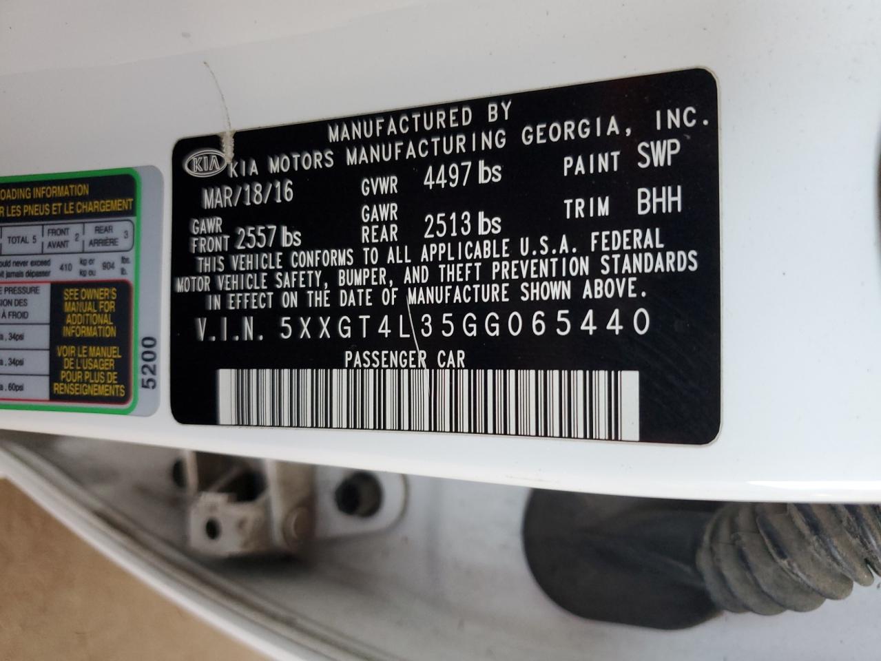 5XXGT4L35GG065440 2016 Kia Optima Lx