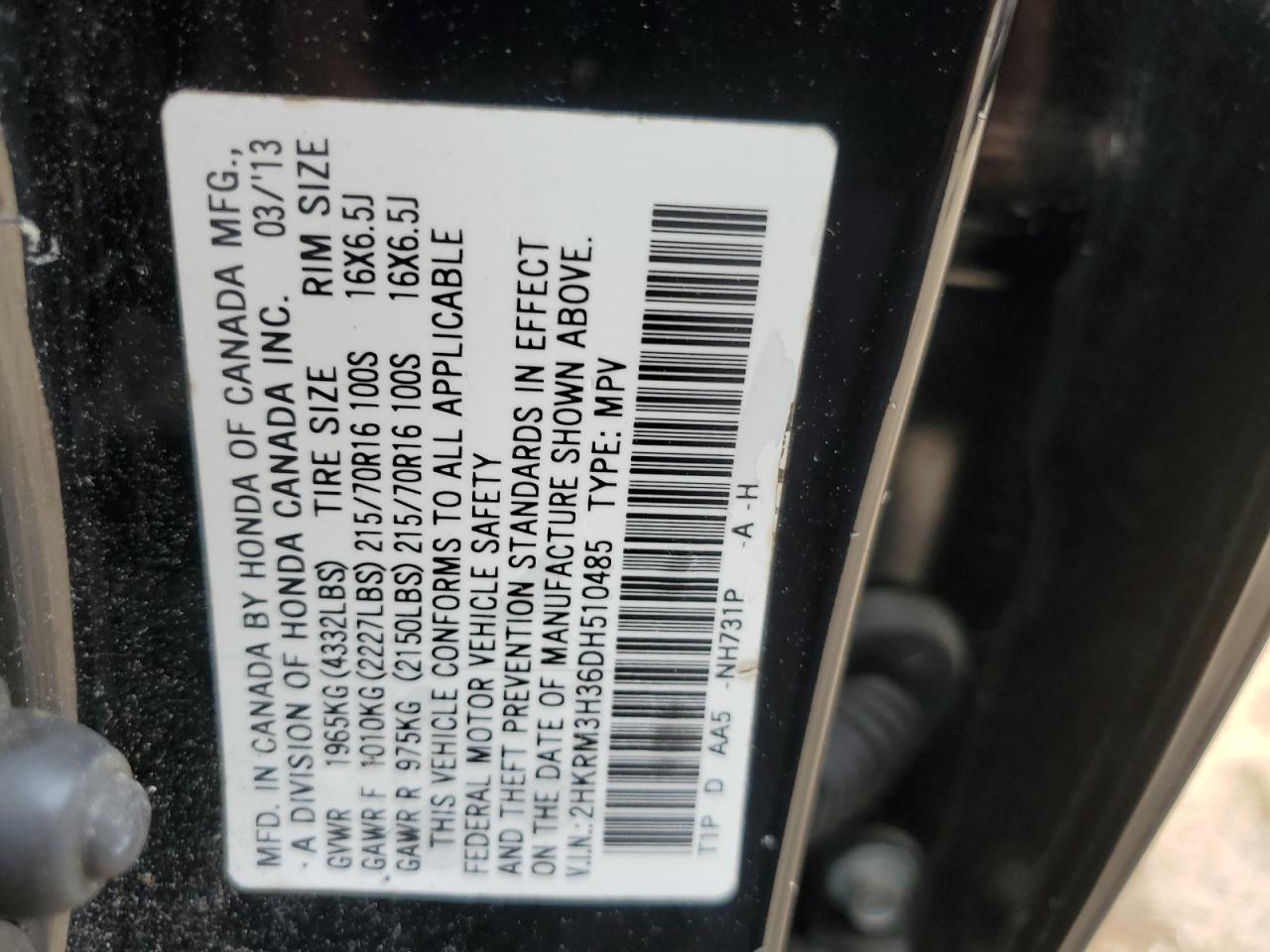 2HKRM3H36DH510485 2013 Honda Cr-V Lx