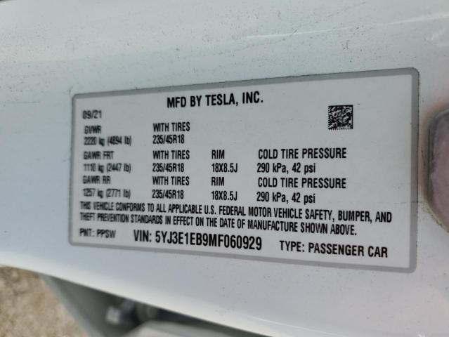 2021 Tesla Model 3 VIN: 5YJ3E1EB9MF060929 Lot: 52475074