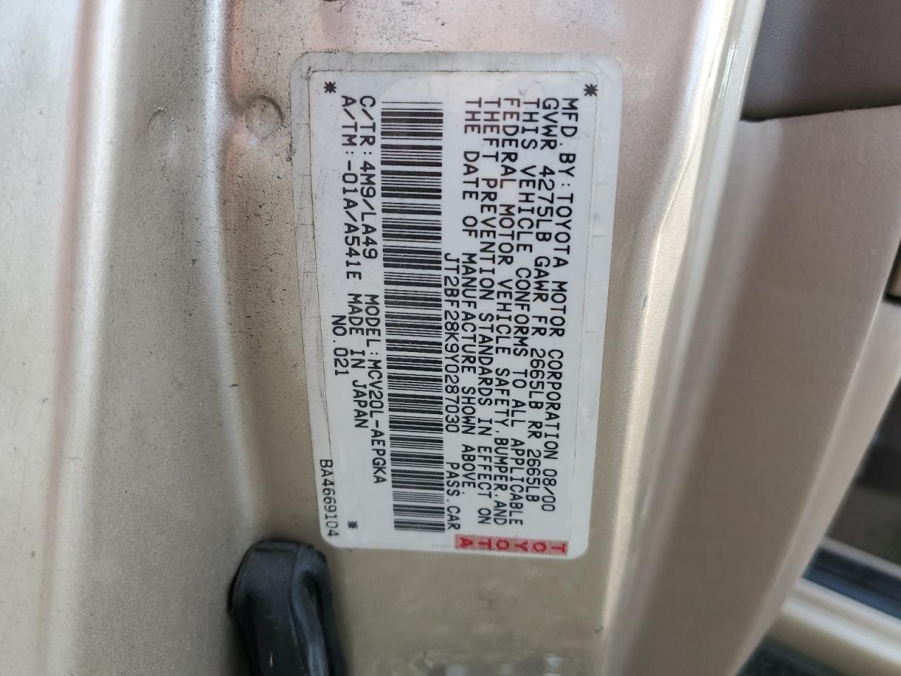 JT2BF28K9Y0287030 2000 Toyota Camry Le