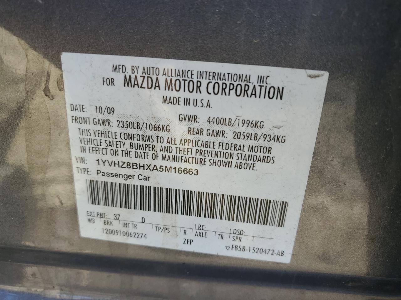 1YVHZ8BHXA5M16663 2010 Mazda 6 I