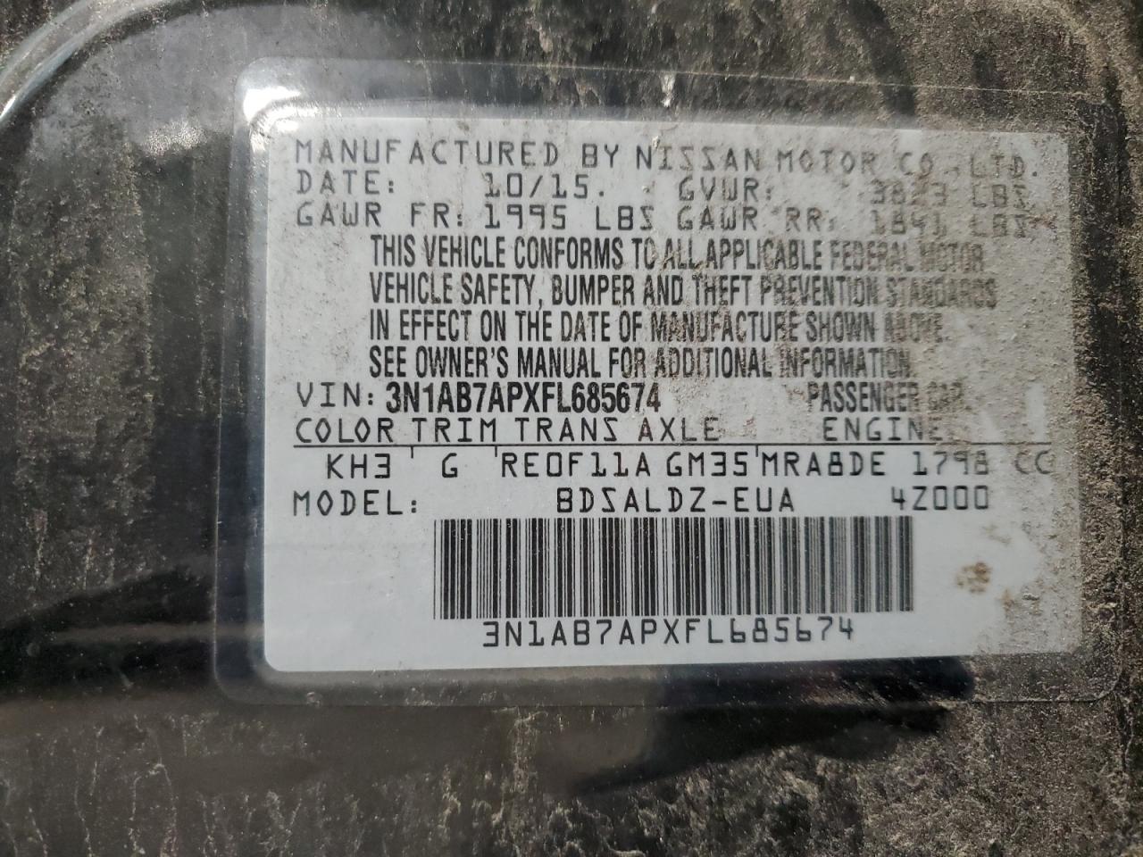 3N1AB7APXFL685674 2015 Nissan Sentra S