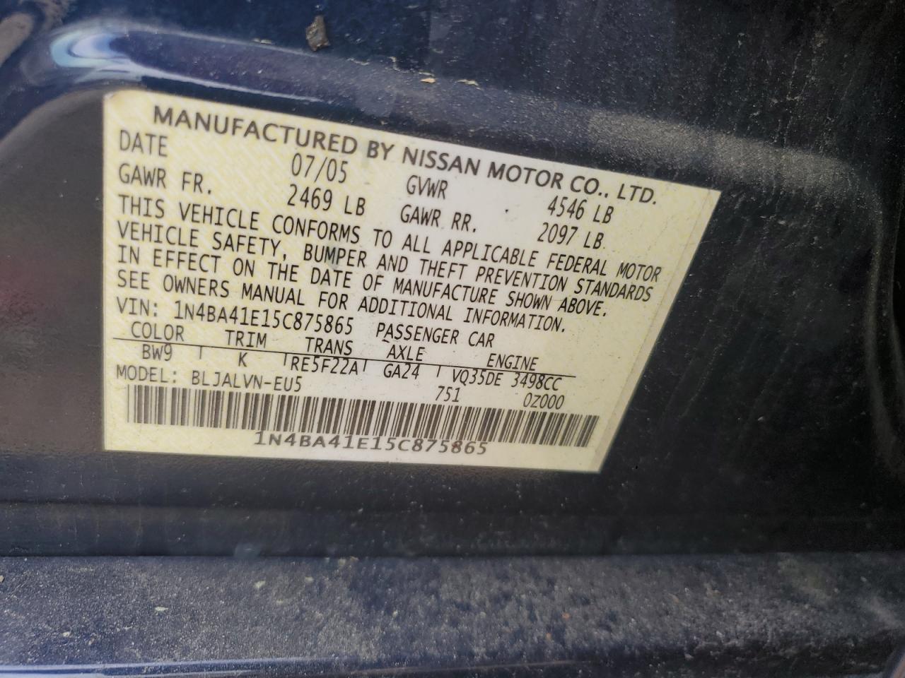 1N4BA41E15C875865 2005 Nissan Maxima Se