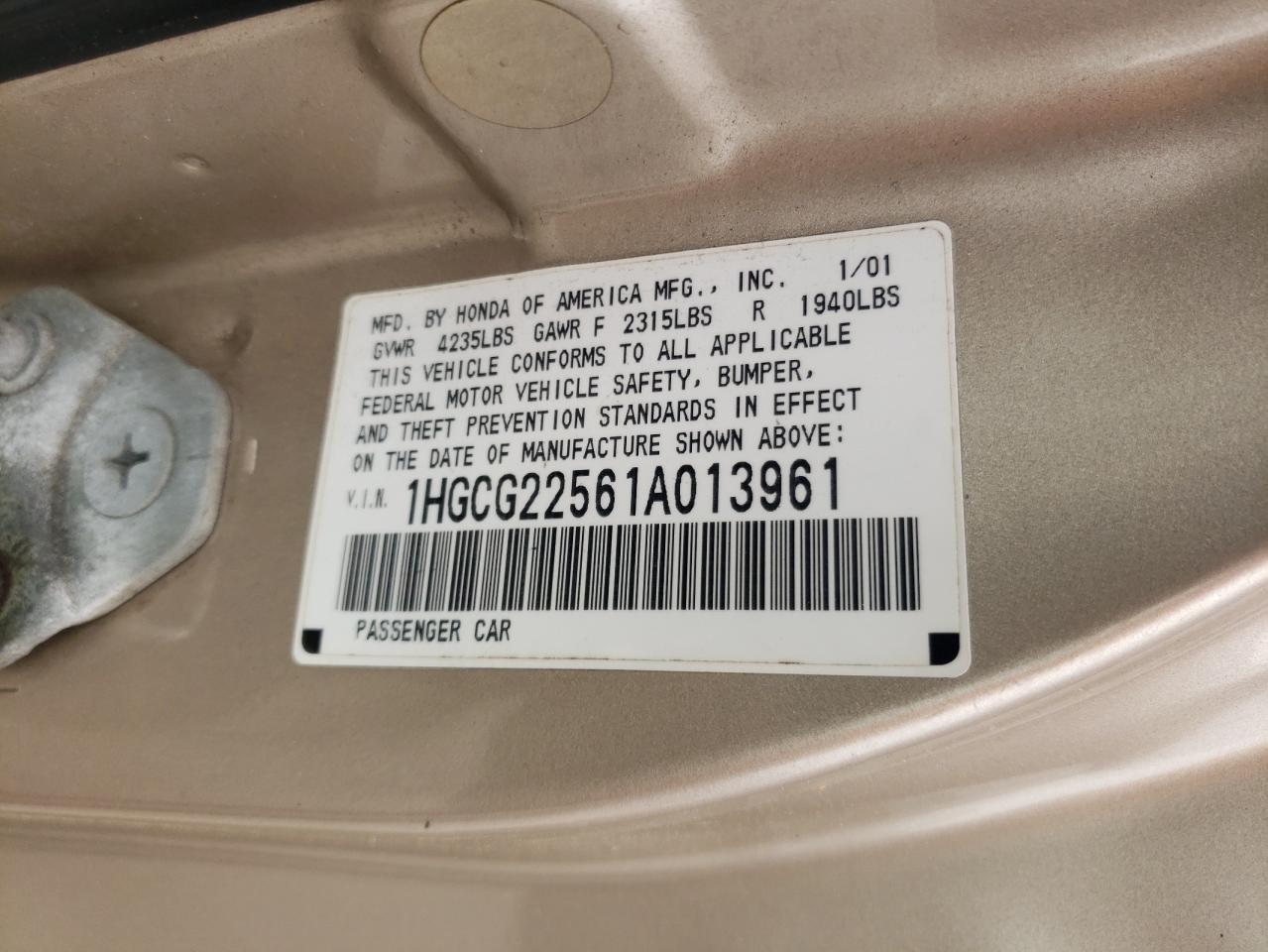 1HGCG22561A013961 2001 Honda Accord Ex