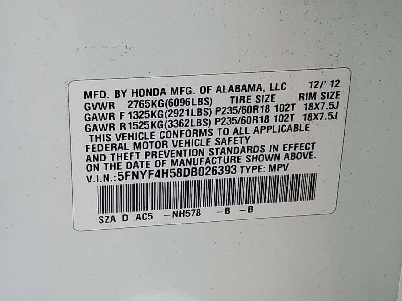 5FNYF4H58DB026393 2013 Honda Pilot Exl