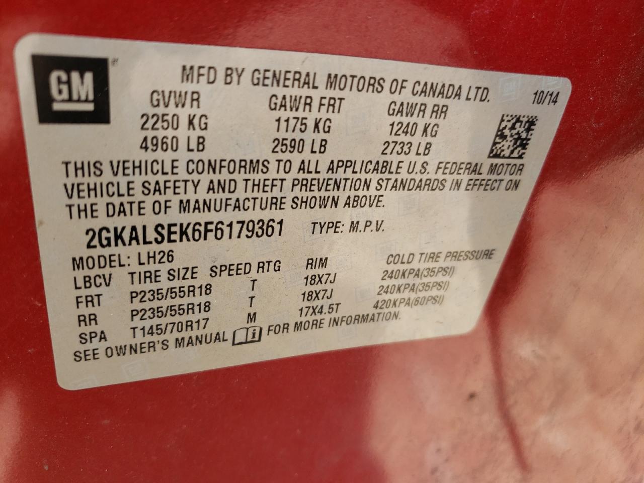 2GKALSEK6F6179361 2015 GMC Terrain Slt