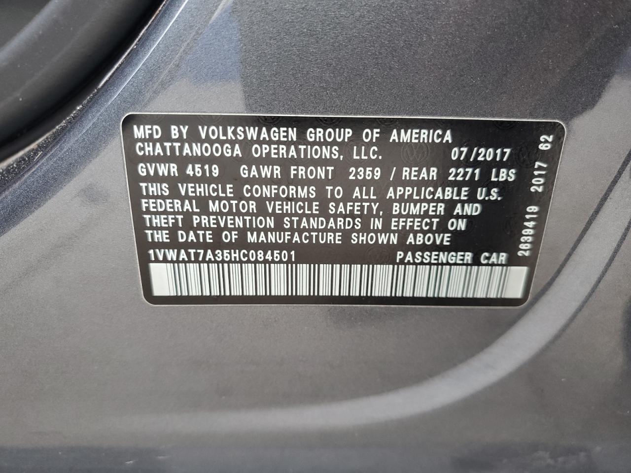 1VWAT7A35HC084501 2017 Volkswagen Passat S