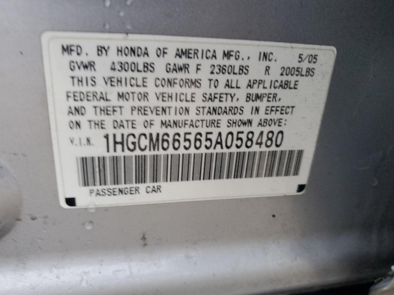 1HGCM66565A058480 2005 Honda Accord Ex