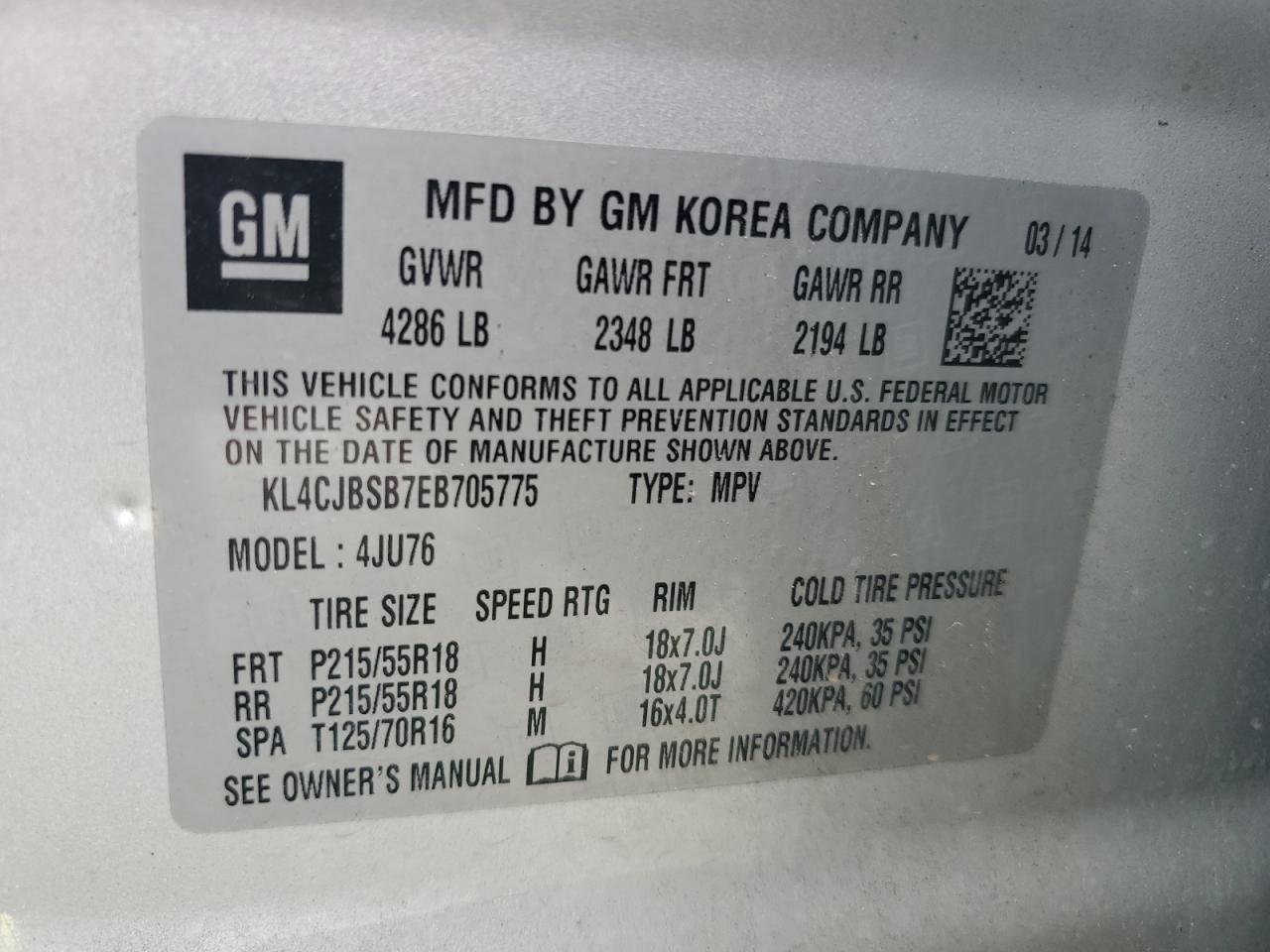 KL4CJBSB7EB705775 2014 Buick Encore Convenience