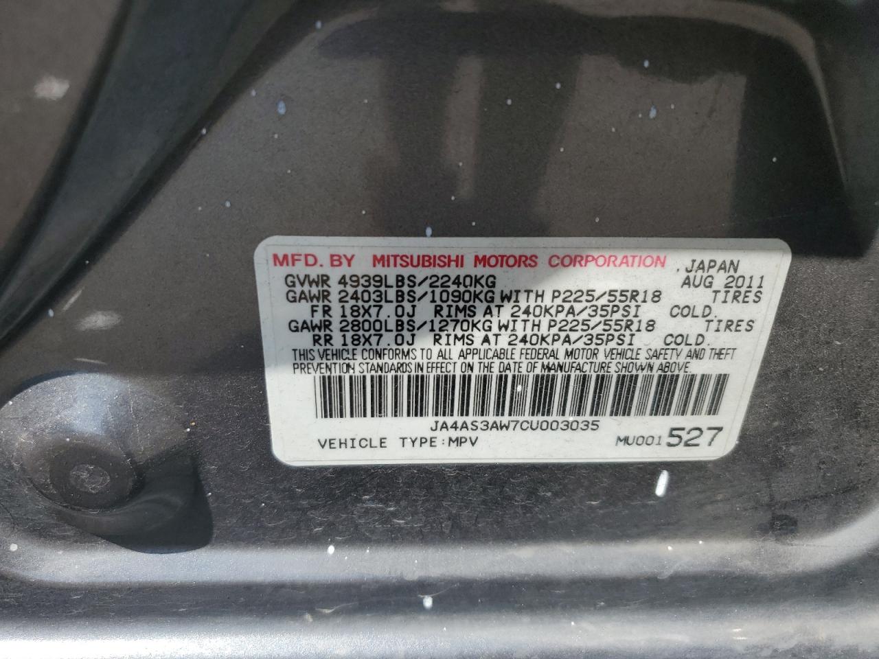 JA4AS3AW7CU003035 2012 Mitsubishi Outlander Se