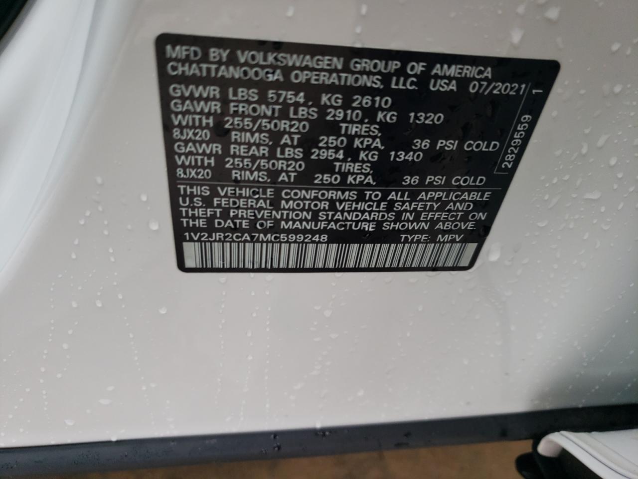 1V2JR2CA7MC599248 2021 Volkswagen Atlas Se