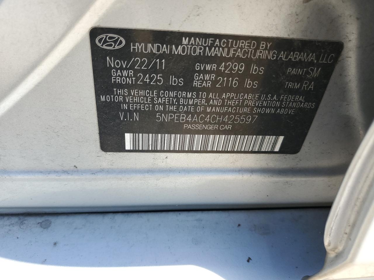 5NPEB4AC4CH425597 2012 Hyundai Sonata Gls