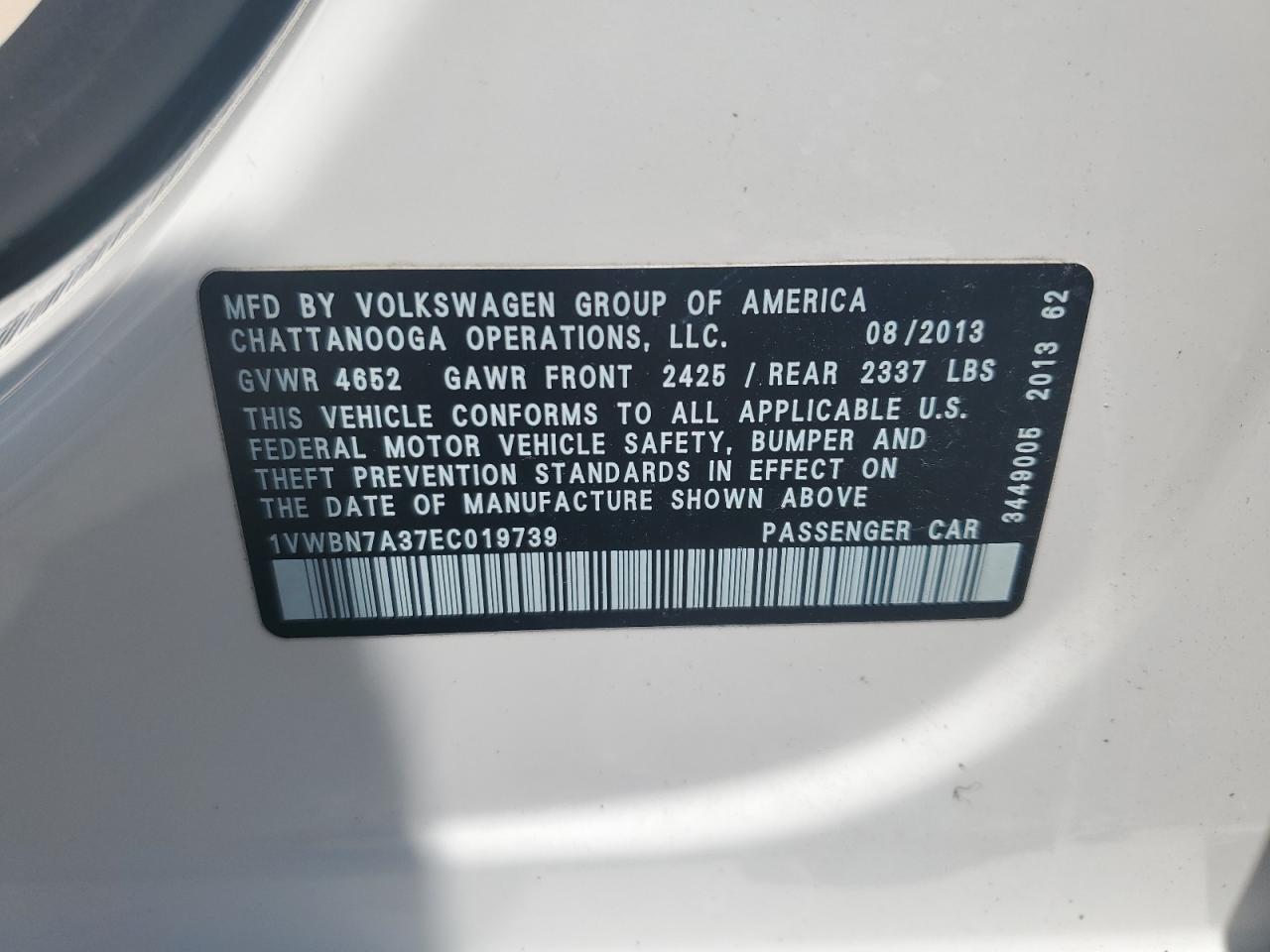 1VWBN7A37EC019739 2014 Volkswagen Passat Se